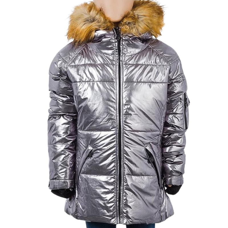 1778 GIRLS BRAND SILVER PADDED JACKET - FUR TRIM HOOD